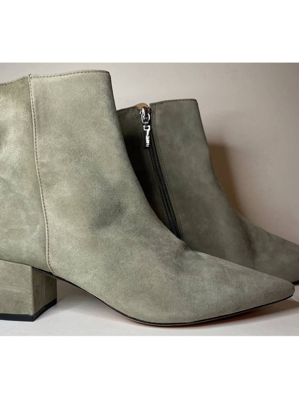 SCHUTZ Suede Block Heel Pointed Toe Boots Booties | US 8.5 | Greenish Gray